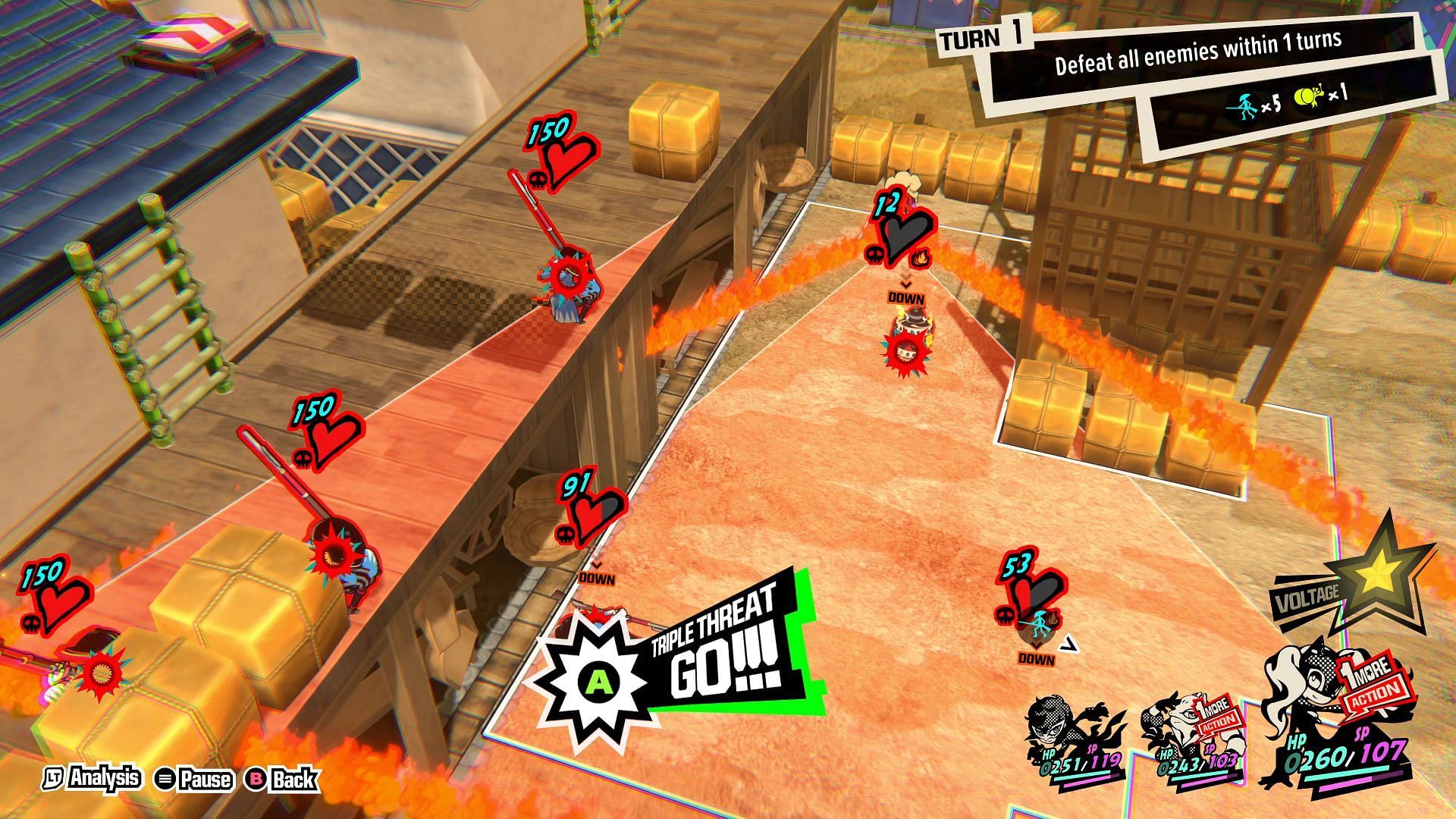 Make sure to have every enemy inside Triple-Threat area (Image via Persona 5 Tactica)